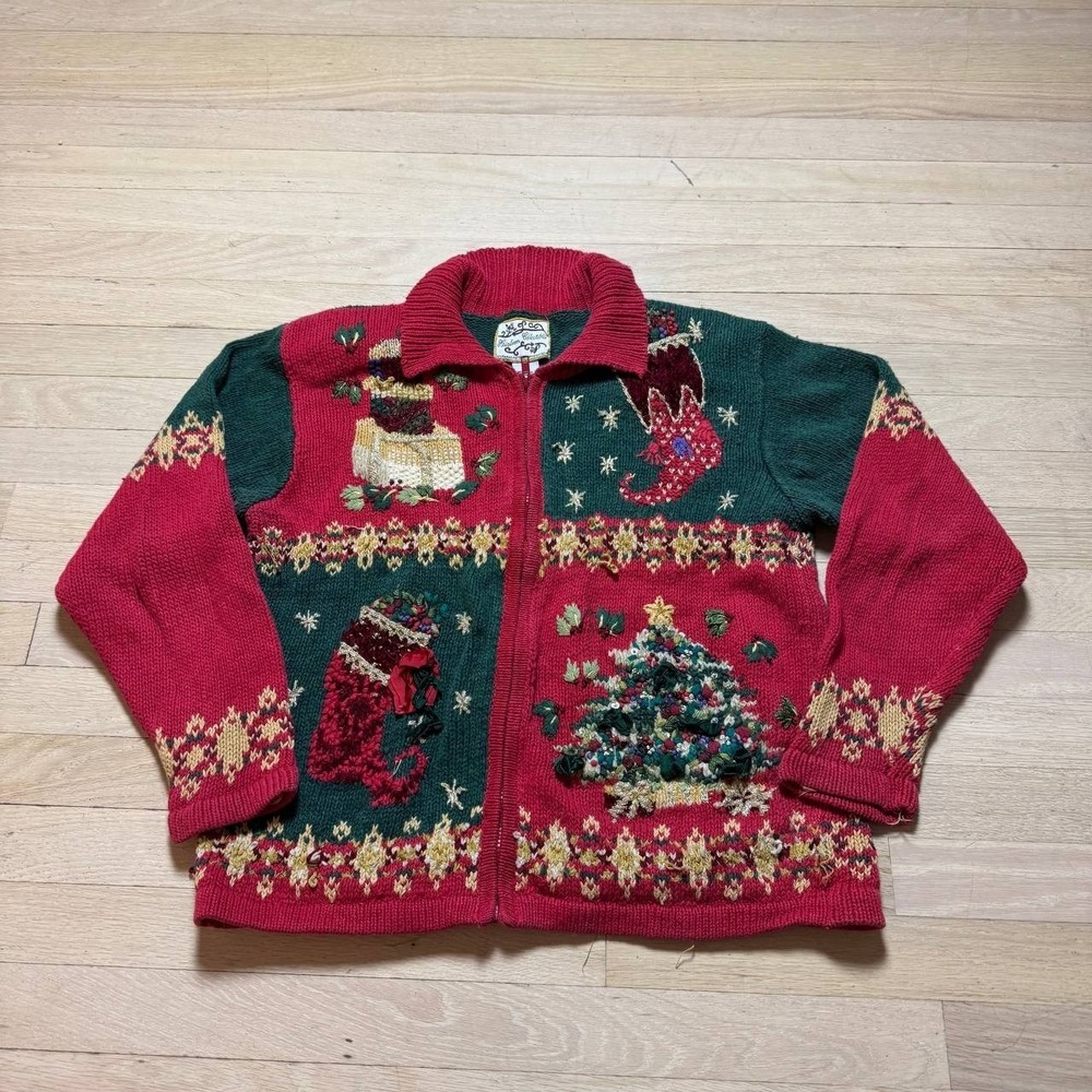 Vintage Heirloom Collectibles Ugly Christmas Sweater Cardigan L/XL Red Green